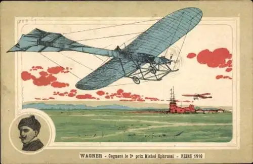 Ak Flugpionier Wagner, Reims 1910, Flugzeug