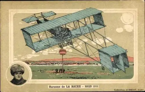 Ak Flugpionier Baronne de la Roche, Rouen 1910, Doppeldecker