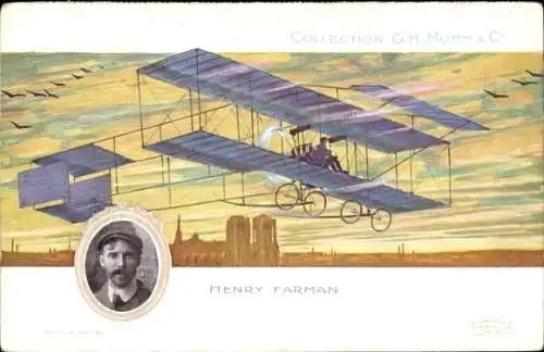 Ak Henry Farman, Doppeldecker, Reklame, Mumm & Co.