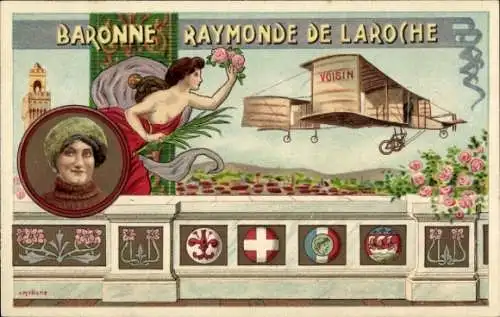 Ak Baronne Raymonde de Laroche, Voisin Biplan