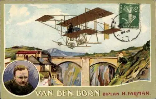 Ak Mettons, V., Van den Born, Biplan H. Farman, Flugpionier