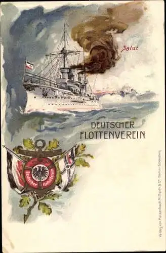 Litho Deutscher Flottenverein, Deutsches Kriegsschiff, Salut, Fahnen, Kaiserliche Marine