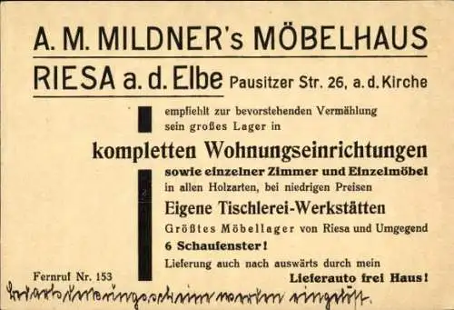 Ak Riesa an der Elbe Sachsen, A. M. Mildner's Möbelhaus, Pausitzer Straße 26