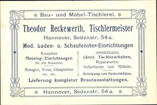 Ak Hannover in Niedersachsen, Theodor Reckewerth, Tischlermeister, Sedanstraße 54 a