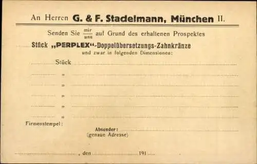 Ak München Bayern, g. & F. Stadelmann, Perplex Doppelübersetzungs-Zahnkranz für Fahrräder