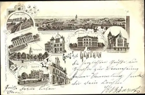 Litho Genthin, Gesamtansicht, Bahnhof, Mädchenschule, Gymnasium, Seminar