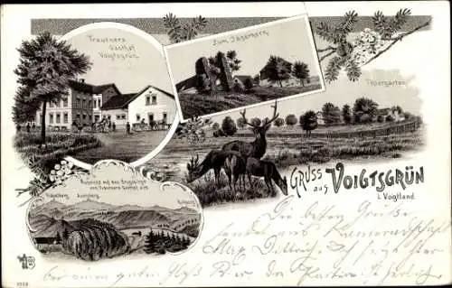 Litho Voigtsgrün Hirschfeld in Sachsen, Trautners Gasthof, Zum Jägerhorn, Tiergarten