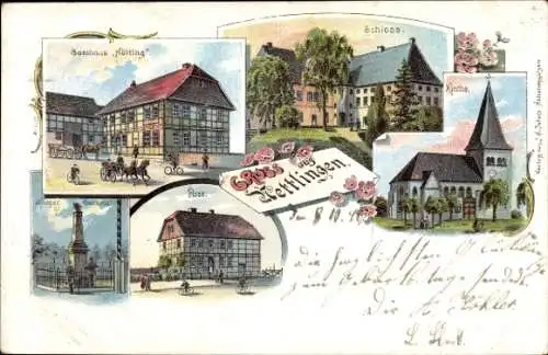 Litho Nettlingen Söhlde in Niedersachsen, Gasthaus Hölting, Schloss, Kirche, Kriegerdenkmal, Post