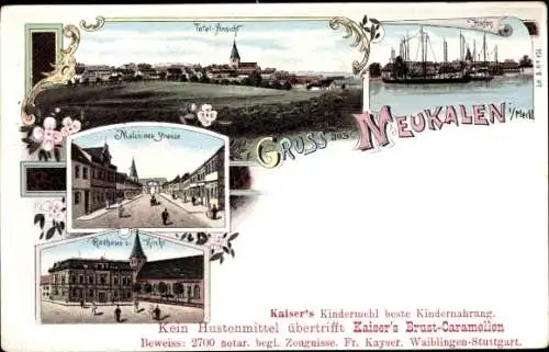 Litho Neukalen in Mecklenburg, Malchiner Straße, Rathaus, Kirche, Hafen, Segelschiffe