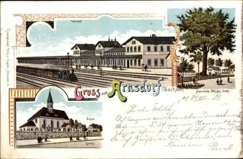 Litho Arnsdorf Sachsen, Bahnhof, Schule, Kirche, 200jährige Eiche, Eisenbahn