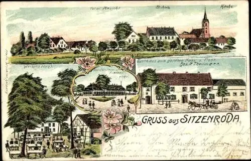 Litho Sitzenroda Schildau in Sachsen, Gasthaus zum goldenen Fass, Post, Weißes Haus