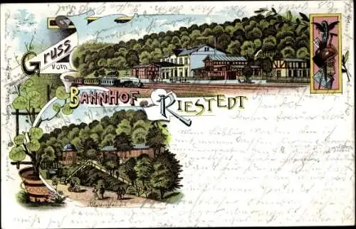 Litho Riestedt Sangerhausen Südharz, Waldrestaurant, Bahnhof Gleisseite