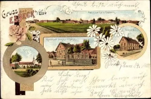 Litho Esbeck Elze in Niedersachsen, Panorama, Gasthof Ammermann, Kirche, Schule