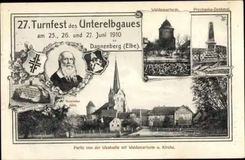 Ak Dannenberg an der Elbe, 27. Turnfest 1910, Turnvater Jahn, Waldemarturm, Prochaska Denkmal