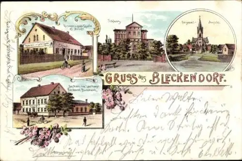 Litho Bleckendorf Egeln Sachsen Anhalt, Gasthaus zum Landhause, Restaurant zur guten Quelle, Schloss