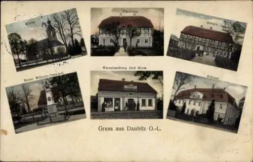 Ak Daubitz Rietschen Oberlausitz, Warenhandlung, Kirche, Pfarrhaus, Schule, Kaiser Wilhelm Denkmal