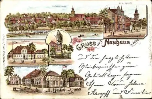 Litho Neuhaus an der Elbe, Villa Kampff, Lindenhof, Hotel zur Post, Pastorenhaus, Kriegerdenkmal