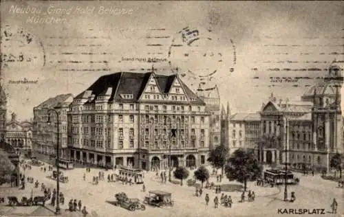 Ak München Bayern, Neubau Grand Hotel Bellevue, Hauptbahnhof, Justizpalast, Tram