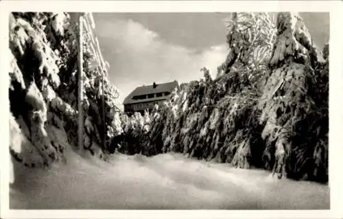 Ak Oybin in der Oberlausitz, Zittauer Gebirge, Hochwald, Hvozd, Hochwaldbaude, Winter