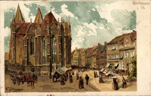 Künstler Litho Sardemann, Wilhelm, Mühlhausen in Thüringen, Untermarkt mit Kirche Divi Blasii