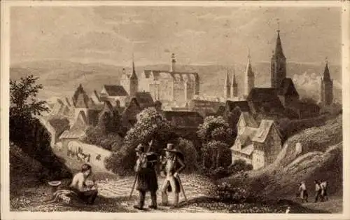 Künstler Ak Richter, L., Quedlinburg im Harz, Wanderer blicken auf die Stadt, 1838, Serie II, Nr. 12