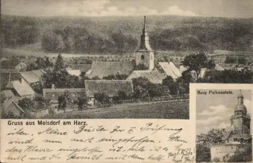 Ak Meisdorf Falkenstein im Harz, Teilansicht, Kirchturm, Burg Falkenstein