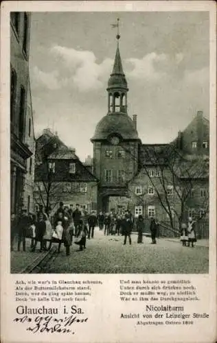 Ak Glauchau in Sachsen, Nicolaiturm, Blick von der Leipziger Straße