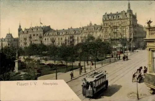 Ak Plauen im Vogtland, Albertplatz, Straßenbahn