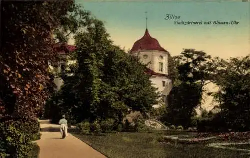 Ak Zittau in der Oberlausitz, Stadtgärtnerei mit Blumenuhr