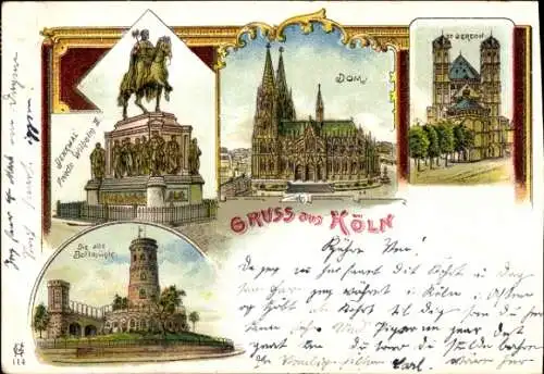 Litho Köln am Rhein, Dom, St. Gereon, Die alte Bottmühle, Denkmal Friedrich Wilhelm III.