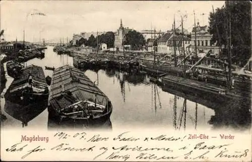 Ak Magdeburg an der Elbe, Zoll Elbe Werder, Boote, Flussansicht, Brücke