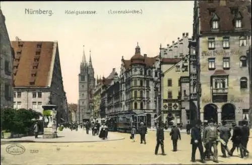 Ak Nürnberg in Mittelfranken, Königsstraße, Lorenzkirche, Straßenbahn