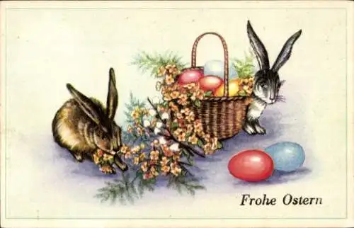 Ak Frohe Ostern, zwei Osterhasen mit Osterkorb, Blumen