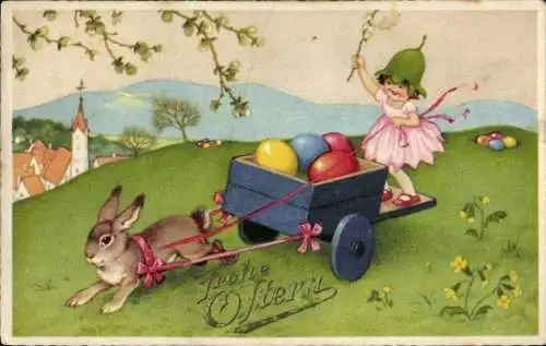 Ak Frohe Ostern, Osterhase zieht Wagen mit Ostereiern und Mädchen