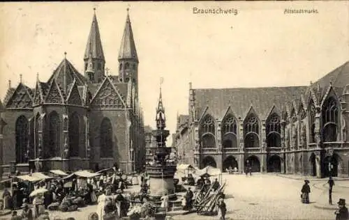 Ak Braunschweig in Niedersachsen, Altstadtmarkt, Brunnen, Kirche