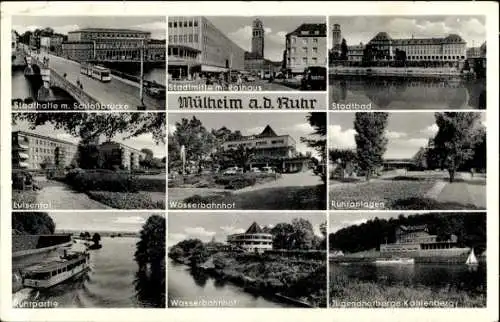 Ak Mülheim an der Ruhr, Stadthalle, Rathaus, Stadtbad, Luisental, Wasserbahnhof, Schlossbrücke