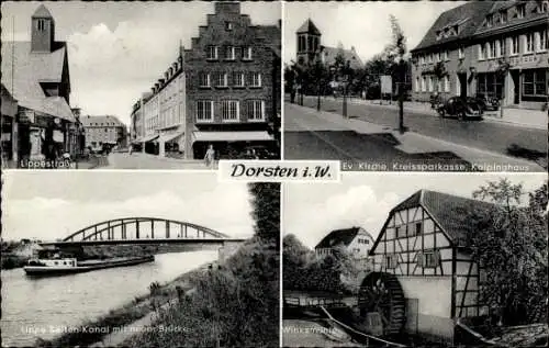 Ak Dorsten in Westfalen, Lippestraße, Ev. Kirche, Kreissparkasse, Kolpinghaus, Winksmühle, Kanal