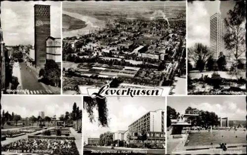 Ak Leverkusen am Rhein, Badeanstalt, Bayrisches Hochhaus, Stadtsparkasse, Rathaus