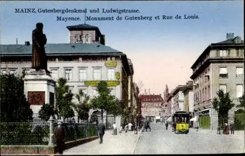 Ak Mainz am Rhein, Gutenbergdenkmal, Ludwigstraße, Straßenbahn