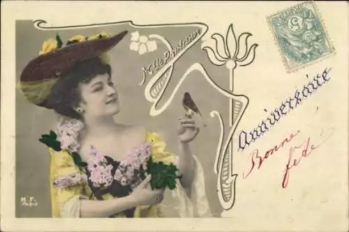 Ak Mademoiselle Printemps, Dame mit Vogel auf der Hand