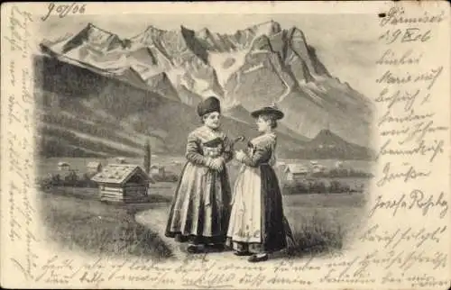 Litho Zwei Frauen in bayerischen Trachten, Gebirge