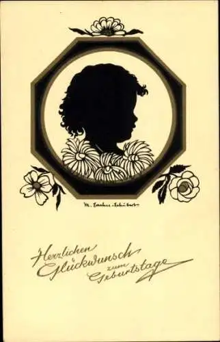 Scherenschnitt Künstler Ak Sachse-Schubert, W., Glückwunsch Geburtstag, Kind, Blumen