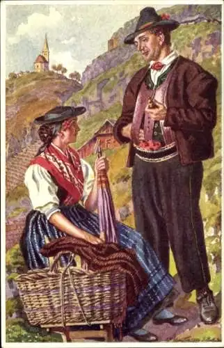 Künstler Ak Hernsteiner, P., Ehepaar in österreichischer Tracht, Korb