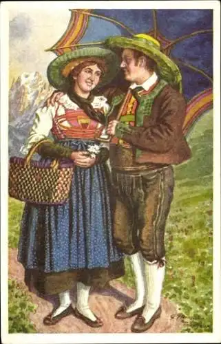 Künstler Ak Hernsteiner, P., Ehepaar in österreichischer Tracht, Sonnenschirm