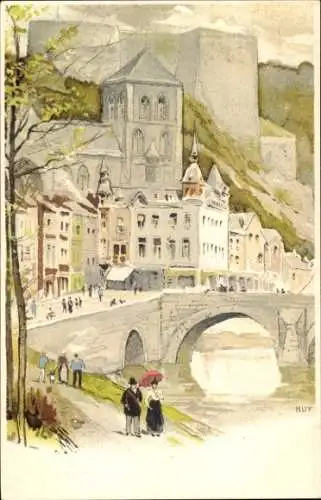 Künstler Litho Cassiens, H., Huy Wallonien Lüttich, Burg, Brücke, Spaziergänger