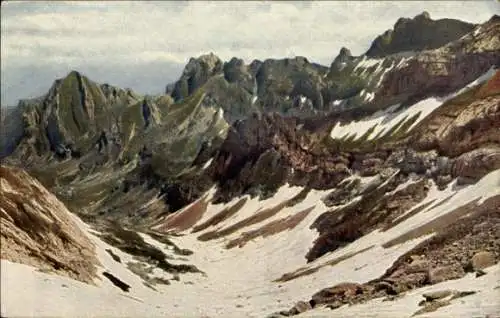 Ak Halbkanton Appenzell Außerrhoden, Aufstieg Berg Säntis, Blick auf Marwies und Hundstein Freiheit