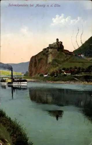 Ak Strekov Schreckenstein Ústí nad Labem Aussig Elbe Stadt, Teilansicht, Dampfer