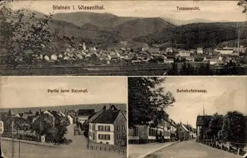 Ak Steinen im Wiesental Schwarzwald Baden, Totalansicht, Bahnhof, Bahnhofstraße