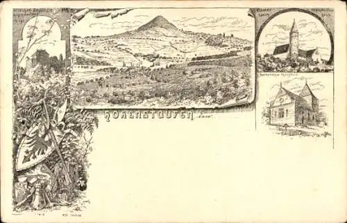 Litho Hohenstaufen Göppingen in Württemberg, Gesamtansicht, Kloster Lorch, Barbarossa Kirchlein