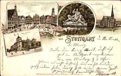 Litho Stuttgart in Württemberg, Marktplatz, Johanneskirche, Altes Schloss